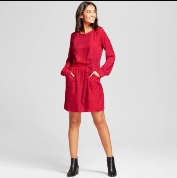 a new day Dresses & Skirts - a new day red and blue tie waist dress with button-down accent